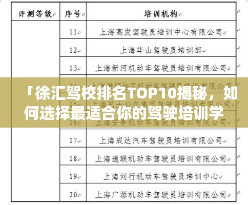 「徐汇驾校排名TOP10揭秘,如何选择最适合你的驾驶培训学府?」