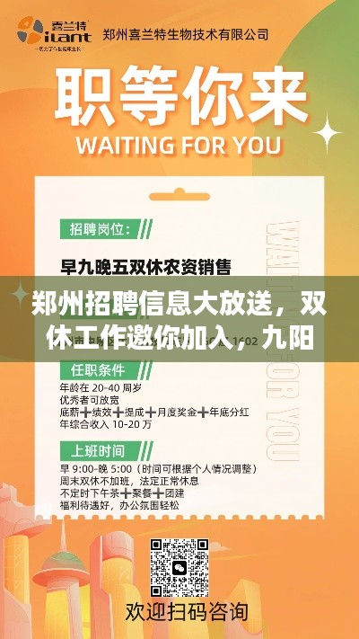 郑州招聘信息大放送,双休工作邀你加入,九阳电压力煲优惠价来袭!